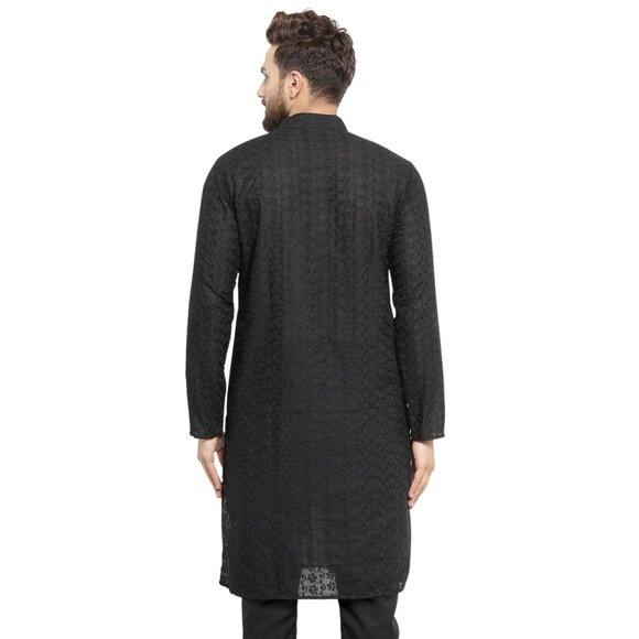 Designer Black Cotton Chikankari Lucknowi Jaal Embroidered Kurta for Men - Picture 4 of 6